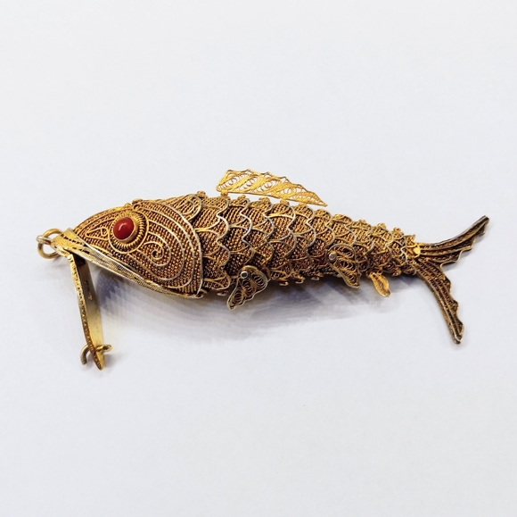 Antique 3 3/8" Articulated Fish Vermeil 800 Silver Chatelaine Perfume Pendant - Picture 2 of 9